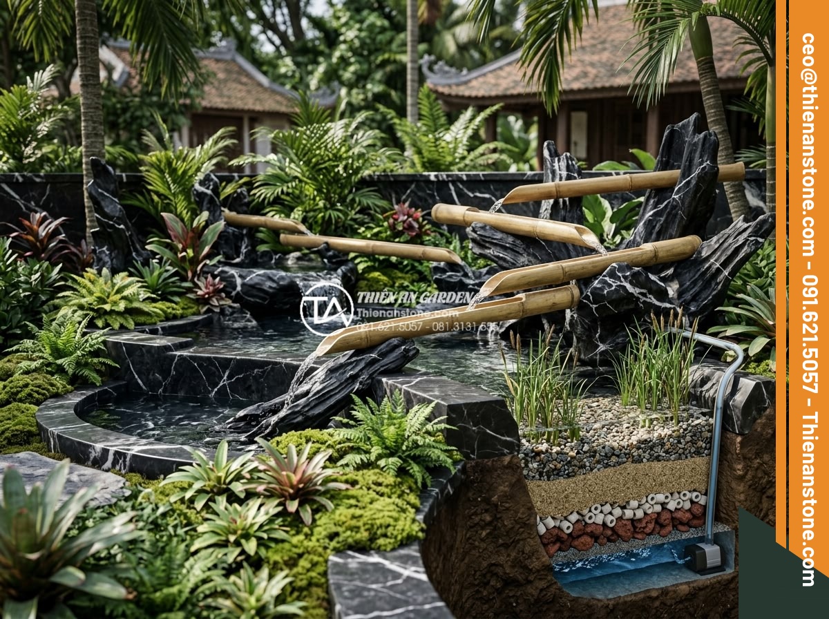 Cách tạo hệ thống lọc nước tự nhiên cho tiểu cảnh ống tre lu nước - Hình 4 Cách tạo hệ thống lọc nước tự nhiên cho tiểu cảnh ống tre lu nước - 3D rendered architectural visualization of an integrated bamboo pipe water featu