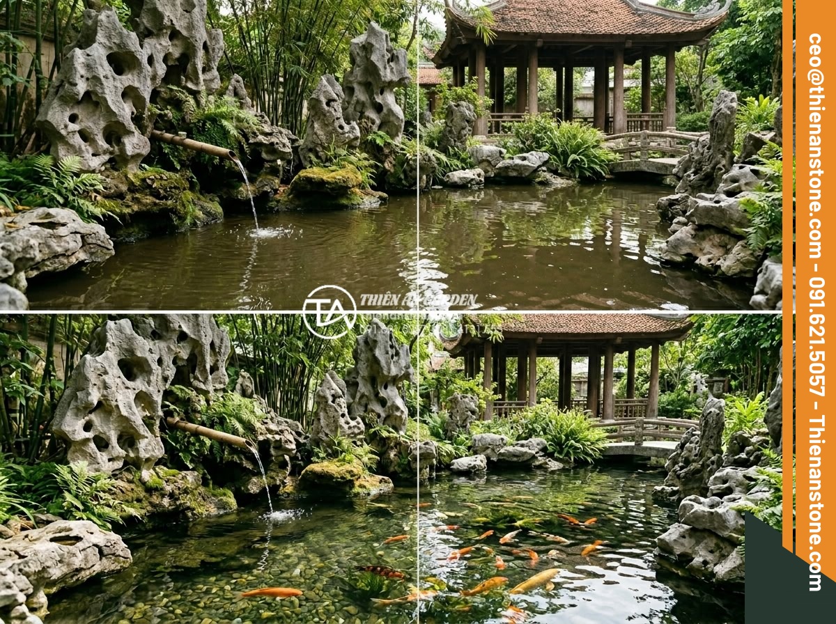 Cách tạo hệ thống lọc nước tự nhiên cho tiểu cảnh ống tre lu nước - Hình 7 Cách tạo hệ thống lọc nước tự nhiên cho tiểu cảnh ống tre lu nước - Before and after comparison of a Vietnamese stone garden bamboo water feature sh