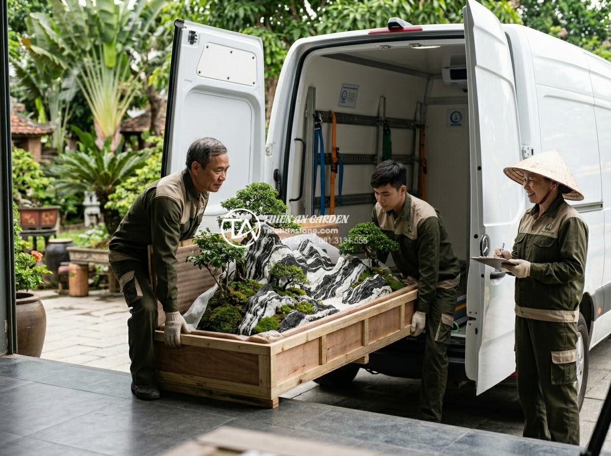 Cách vận chuyển tiểu cảnh cây ôm đá đi xa an toàn, không rụng lá - Professional team photo of Đá Cảnh Thiên An experts carefully loading a beautifu