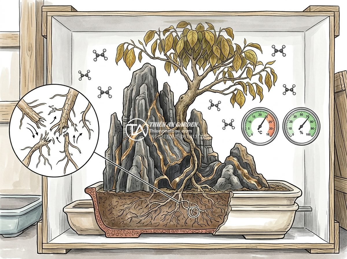 Cách vận chuyển tiểu cảnh cây ôm đá đi xa an toàn, không rụng lá - Scientific illustration style image showing cross-section of a stressed miniatur