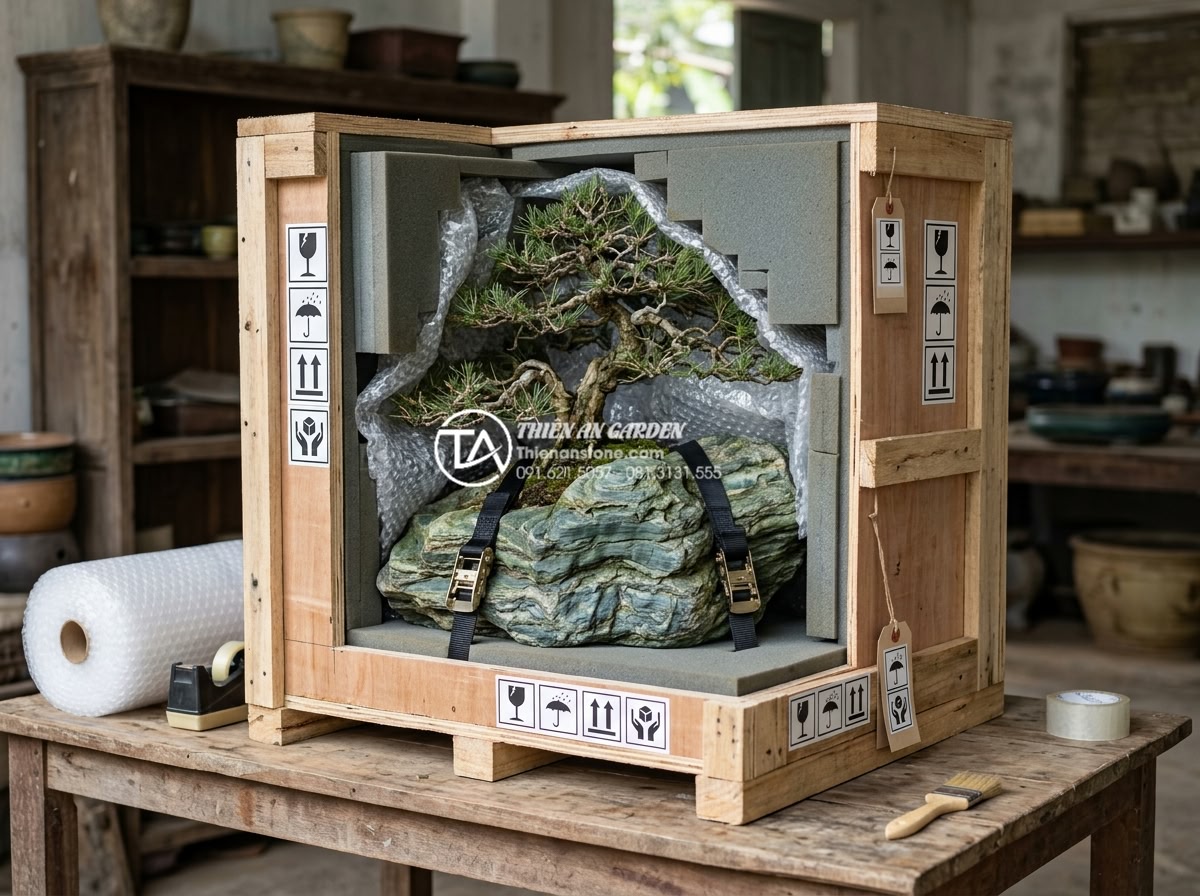 Cách vận chuyển tiểu cảnh cây ôm đá đi xa an toàn, không rụng lá - High-detail professional packaging process of a heavy stone-embracing bonsai min