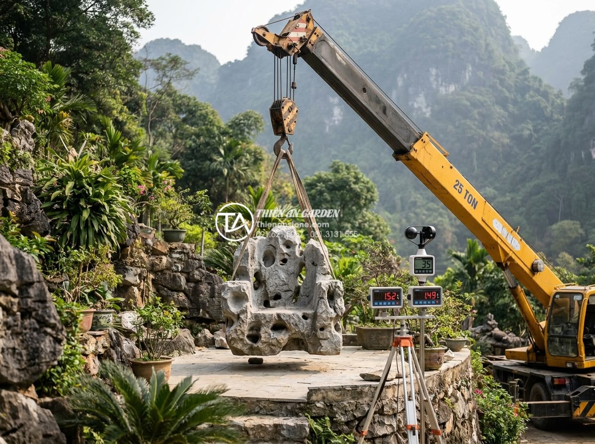 Cách vận chuyển và lắp đặt bàn ghế đá nguyên khối nặng hàng tấn an toàn - Hình 4 Cách vận chuyển và lắp đặt bàn ghế đá nguyên khối nặng hàng tấn an toàn - Specialized 25-ton mobile crane with extended boom carefully positioning a 1.5-t