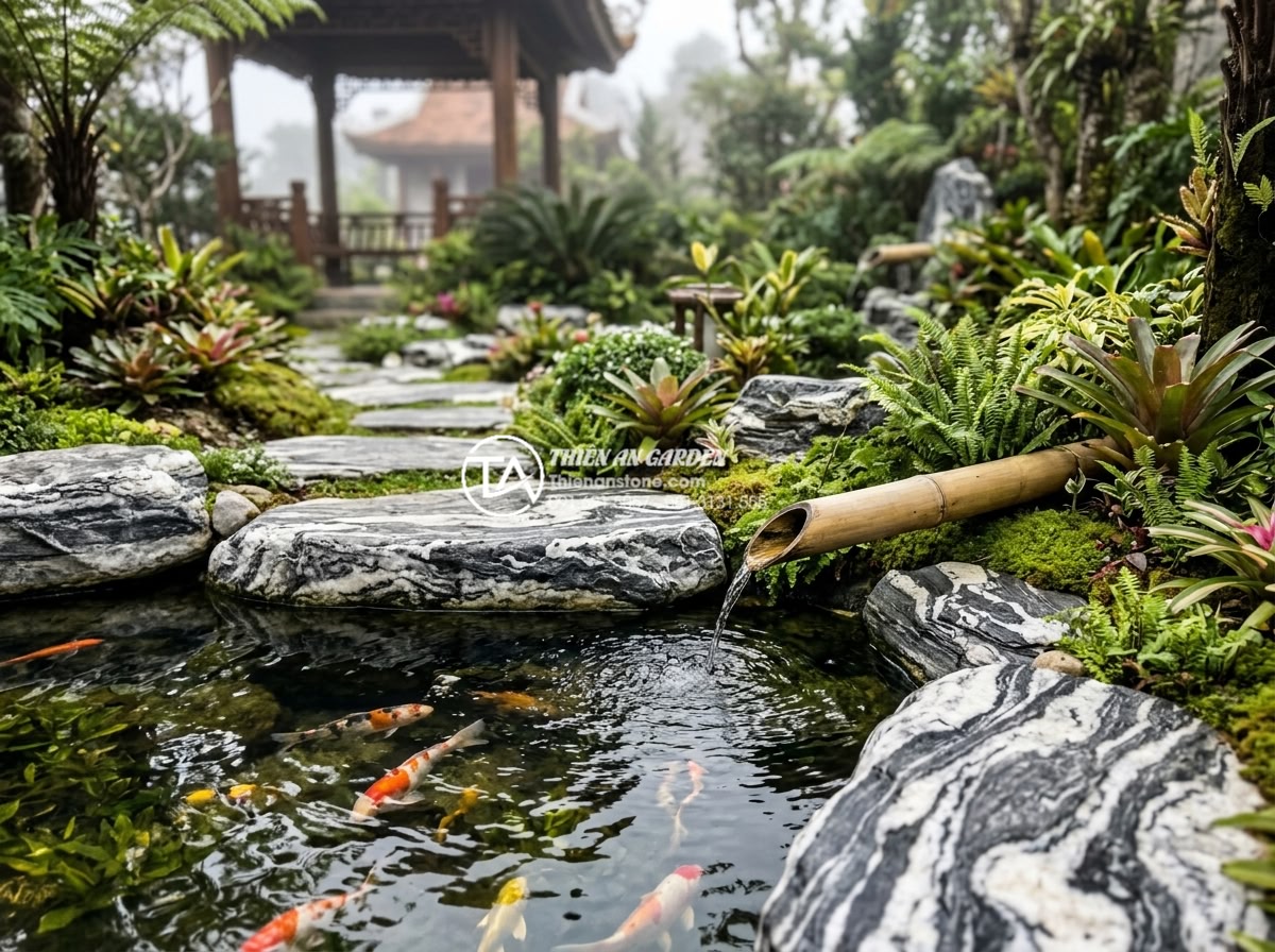 Cách xử lý ống tre không bị mốc và đen sau thời gian dài tiếp xúc với nước - Hình 16 Cách xử lý ống tre không bị mốc và đen sau thời gian dài tiếp xúc với nước - Success story documentation image of a five-year-old bamboo and stone landscape