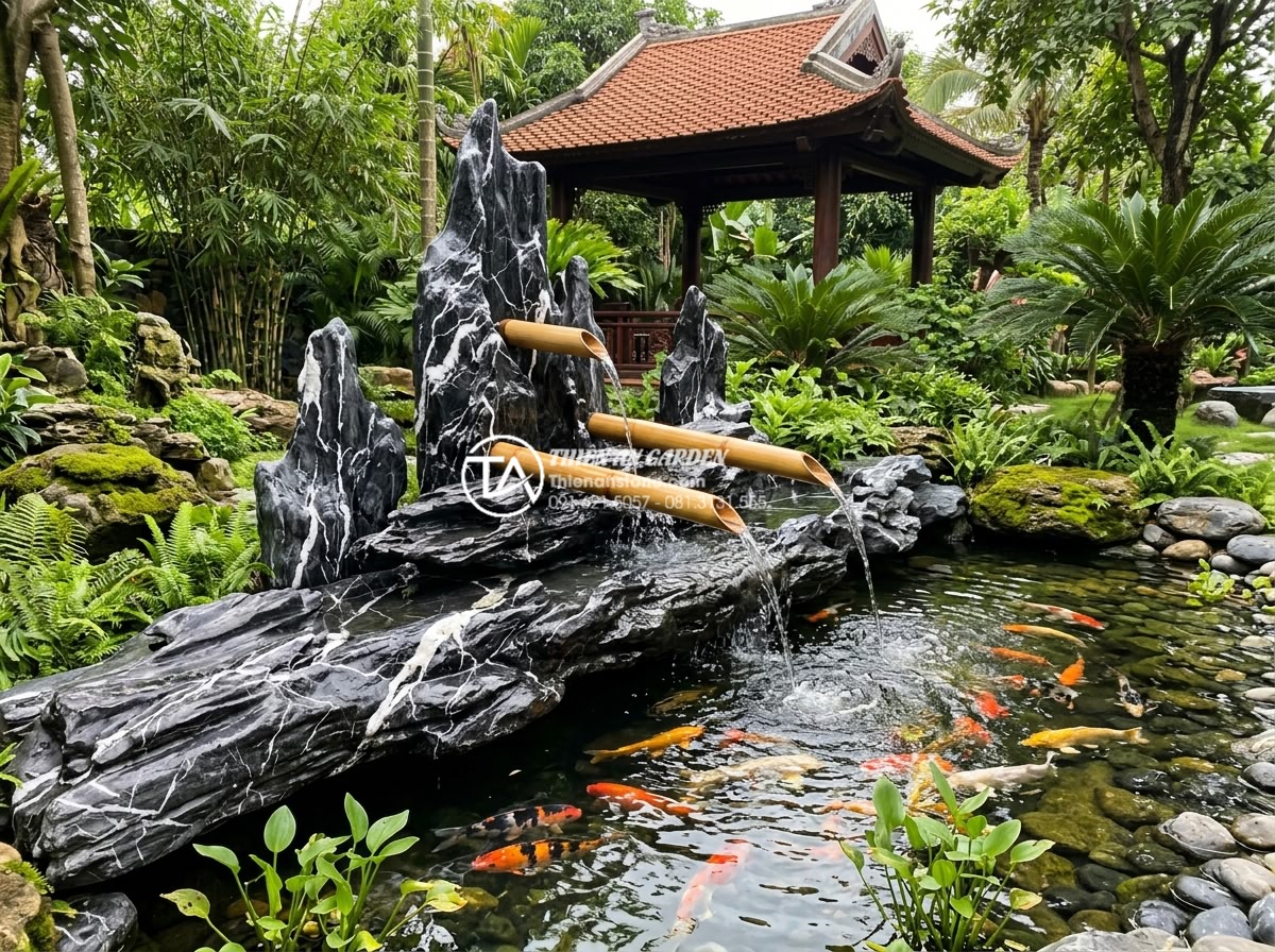 Cách xử lý ống tre không bị mốc và đen sau thời gian dài tiếp xúc với nước - Hình 4 Cách xử lý ống tre không bị mốc và đen sau thời gian dài tiếp xúc với nước - Wide angle photograph of a beautifully integrated bamboo and natural stone water