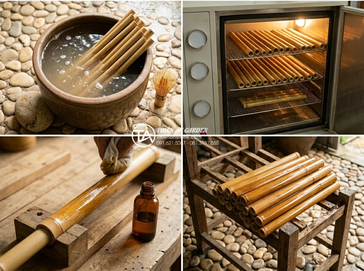 Cách xử lý ống tre không bị mốc và đen sau thời gian dài tiếp xúc với nước - Hình 5 Cách xử lý ống tre không bị mốc và đen sau thời gian dài tiếp xúc với nước - Step-by-step process photography showing bamboo pipes being cleaned in natural s