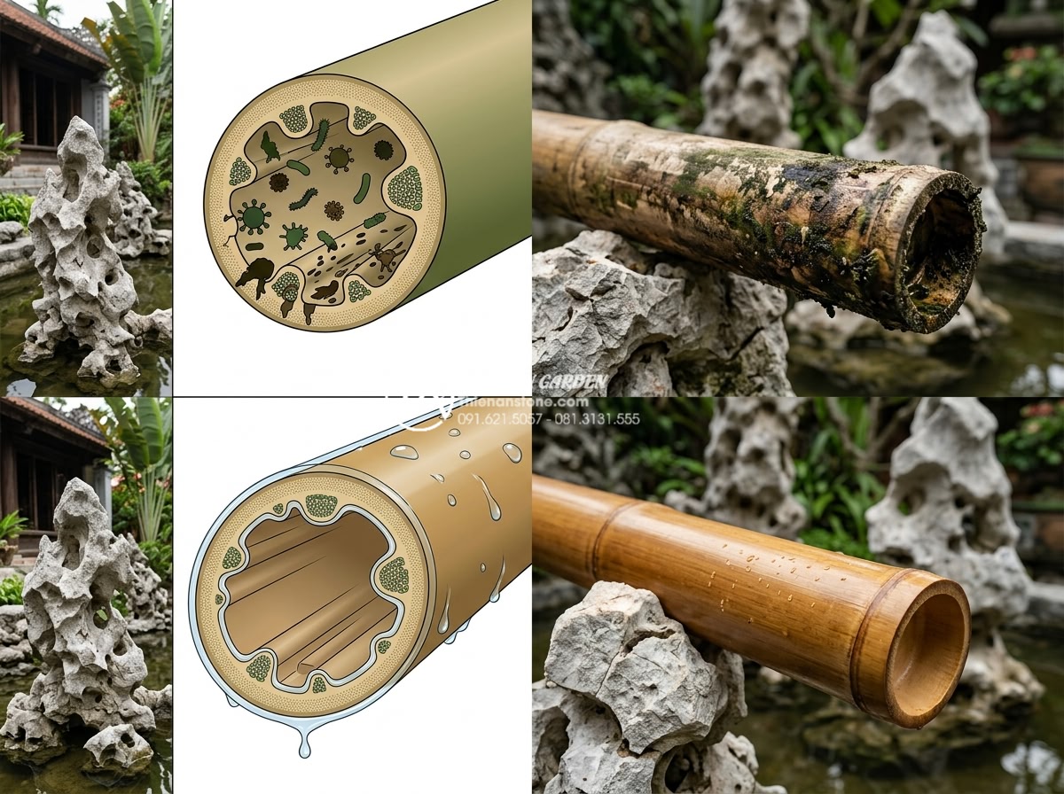 Cách xử lý ống tre không bị mốc và đen sau thời gian dài tiếp xúc với nước - Hình 7 Cách xử lý ống tre không bị mốc và đen sau thời gian dài tiếp xúc với nước - Technical cross-section diagram and real photo comparison of bamboo pipe treated