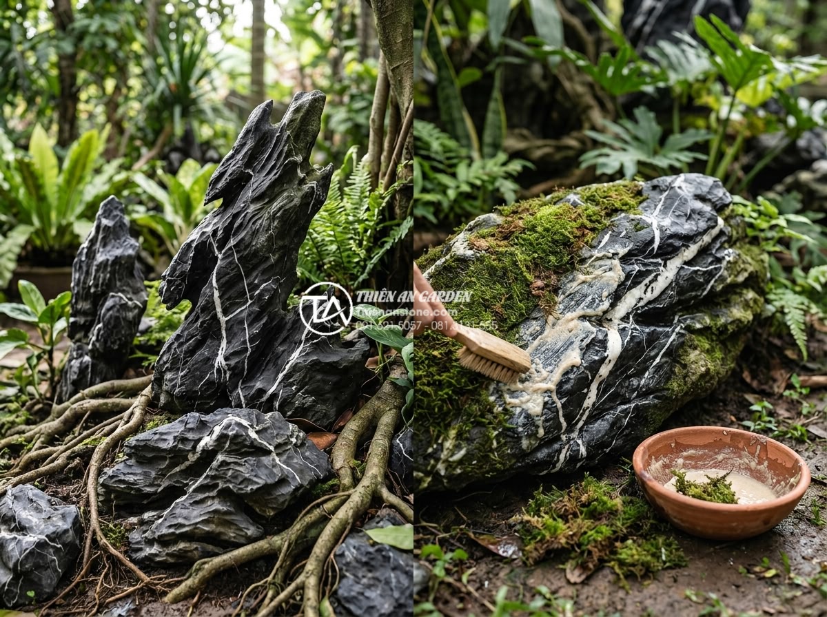 Cách xử lý rêu bám và vệ sinh đá cảnh trong tiểu cảnh cây ôm đá - Safe chemical-free moss treatment process on decorative rocks surrounded by heal