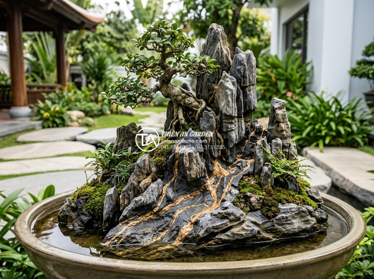 Cách xử lý rêu bám và vệ sinh đá cảnh trong tiểu cảnh cây ôm đá - Wide angle view of a professionally maintained rock-embracing tree miniature sce