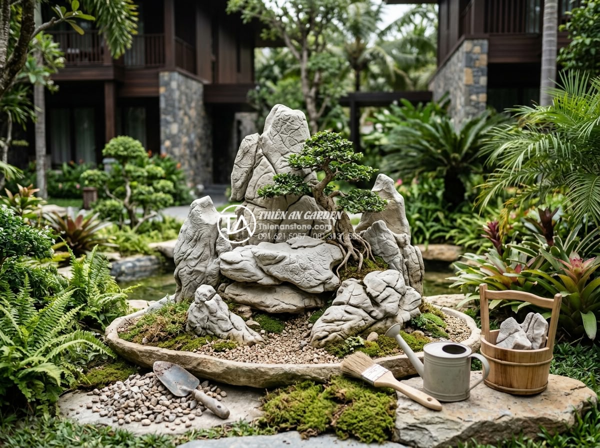 Cách xử lý rêu bám và vệ sinh đá cảnh trong tiểu cảnh cây ôm đá - Professional team from stone company installing and maintaining rock-embracing t