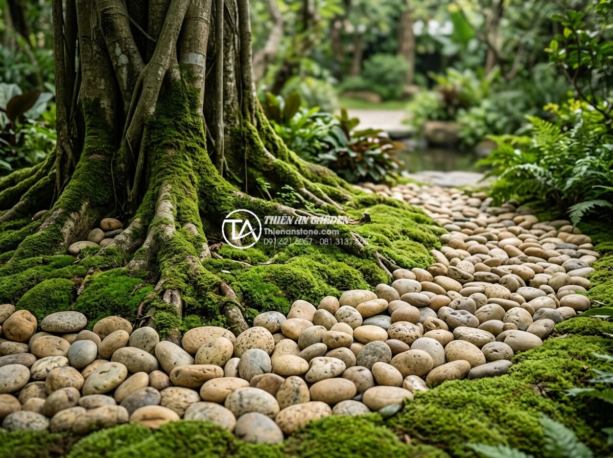 Cách xử lý rêu bám và vệ sinh đá cảnh trong tiểu cảnh cây ôm đá - Detailed tutorial style image of applying moss mixture onto clean natural rock s