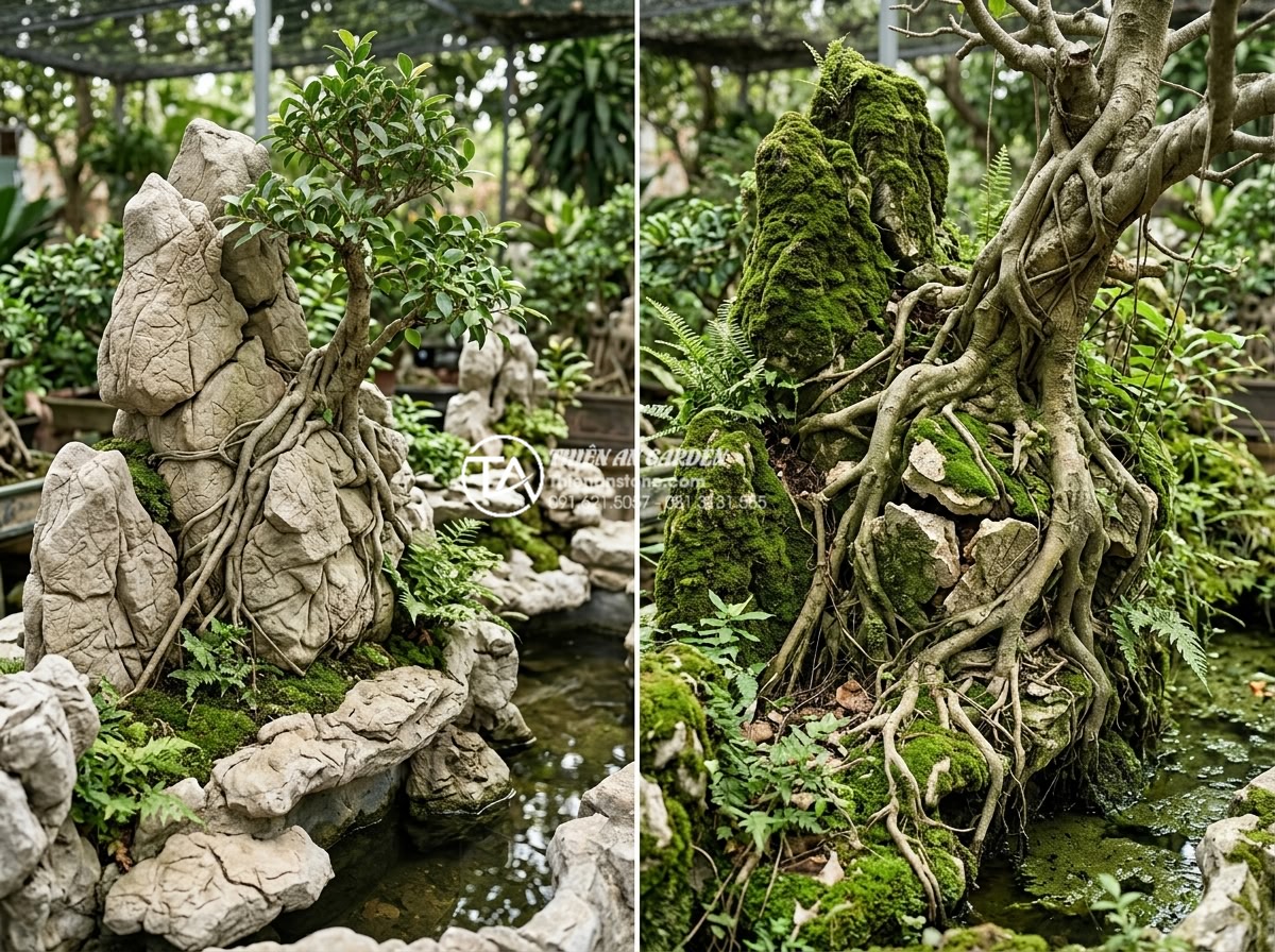 Cách xử lý rêu bám và vệ sinh đá cảnh trong tiểu cảnh cây ôm đá - Before and after comparison of overgrown moss damaging rock surface and tree roo