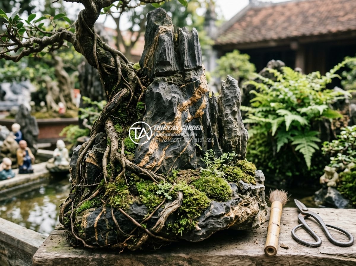 Cách xử lý rêu bám và vệ sinh đá cảnh trong tiểu cảnh cây ôm đá - Gardener inspecting moss levels on decorative stones wrapped by tree roots in a 