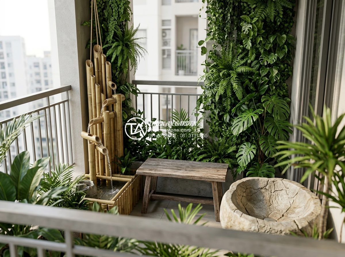 Case Study: Biến ban công 2m2 thành không gian nghỉ dưỡng với thác tre treo - 3D architectural rendering of the exact 2m2 balcony design concept: hanging bamb