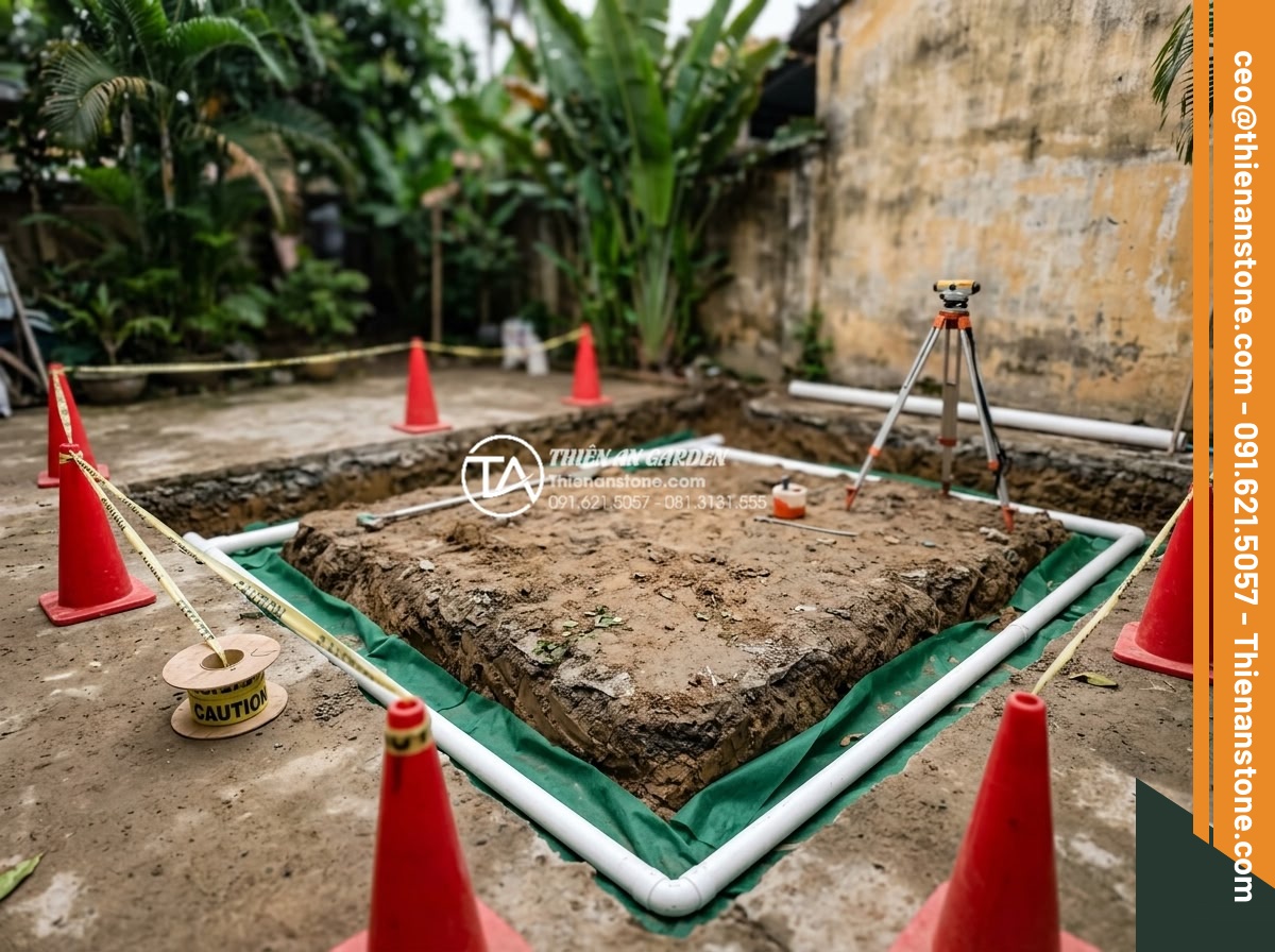 Case Study: Cải tạo sân vườn cũ thành tiểu cảnh thiền Zen Garden 15m2 - Step by step construction process of Zen garden showing workers carefully placin