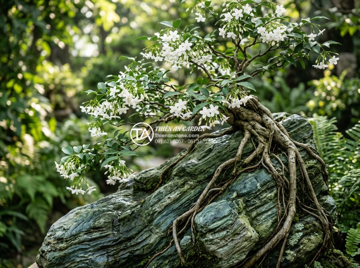 Cây mai chiếu thủy ôm đá: Hương thơm và vẻ đẹp thanh cao - Close-up photorealistic image of Mai Chieu Thuy tree white fragrant flowers bloo