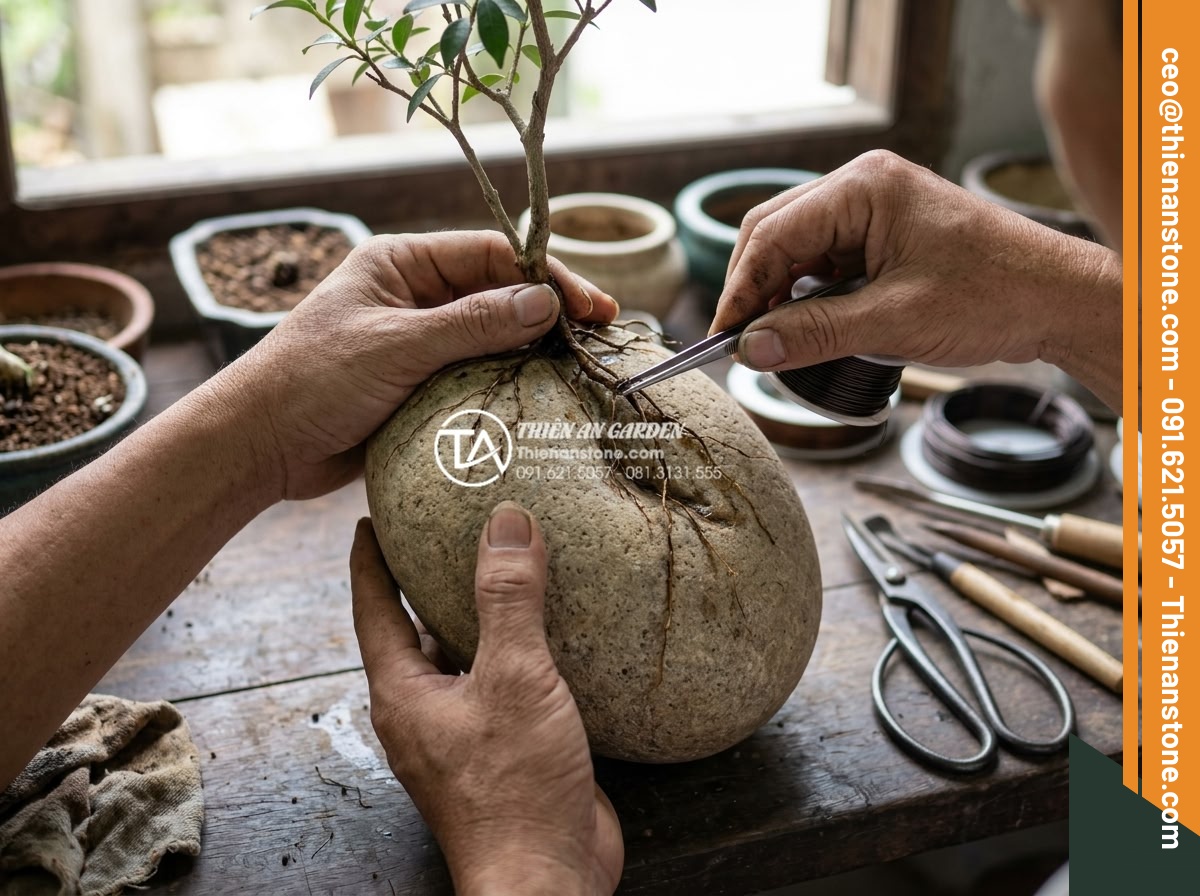 Cây mai chiếu thủy ôm đá: Hương thơm và vẻ đẹp thanh cao - Hình 3 Cây mai chiếu thủy ôm đá: Hương thơm và vẻ đẹp thanh cao - Step-by-step professional process of attaching Mai Chieu Thuy tree roots to natu