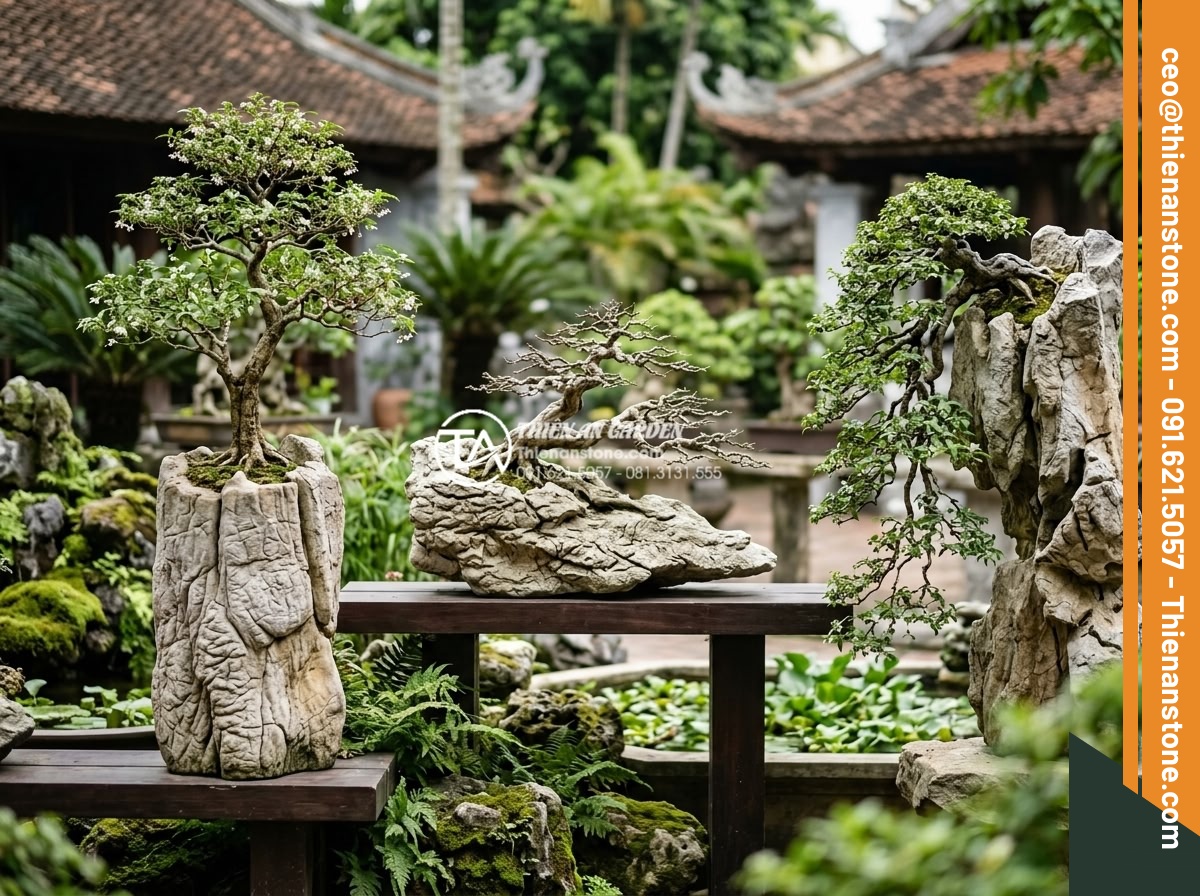 Cây mai chiếu thủy ôm đá: Hương thơm và vẻ đẹp thanh cao - Hình 4 Cây mai chiếu thủy ôm đá: Hương thơm và vẻ đẹp thanh cao - Collection of different Mai Chieu Thuy tree on stone styles: standing, horizonta