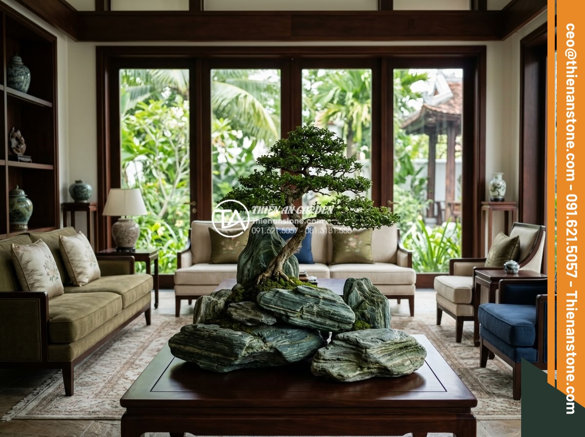 Cây mai chiếu thủy ôm đá: Hương thơm và vẻ đẹp thanh cao - Hình 8 Cây mai chiếu thủy ôm đá: Hương thơm và vẻ đẹp thanh cao - Serene luxury living room interior with Mai Chieu Thuy tree on stone as centerpi