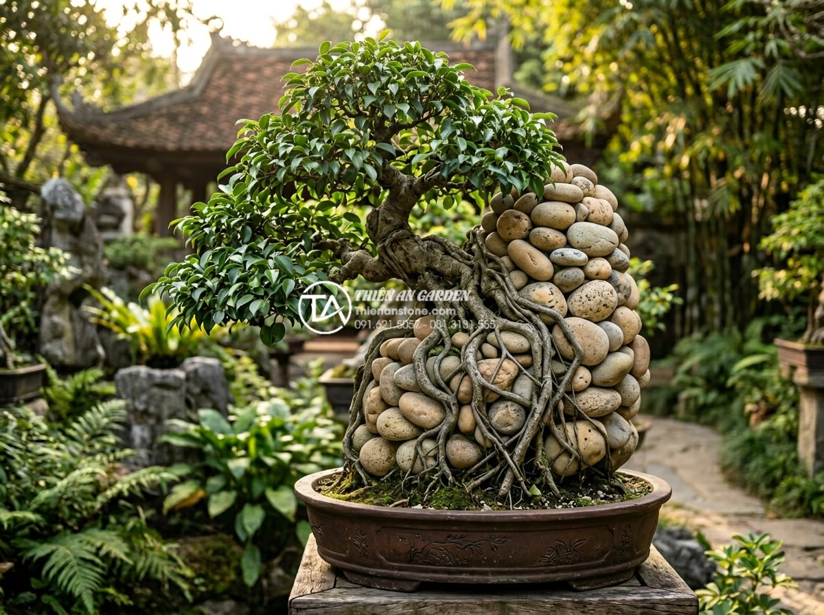 Cây sanh ôm đá cổ: Ý nghĩa biểu tượng và cách định giá chính xác - High-resolution professional photograph of an ancient Vietnamese Ficus benjamina