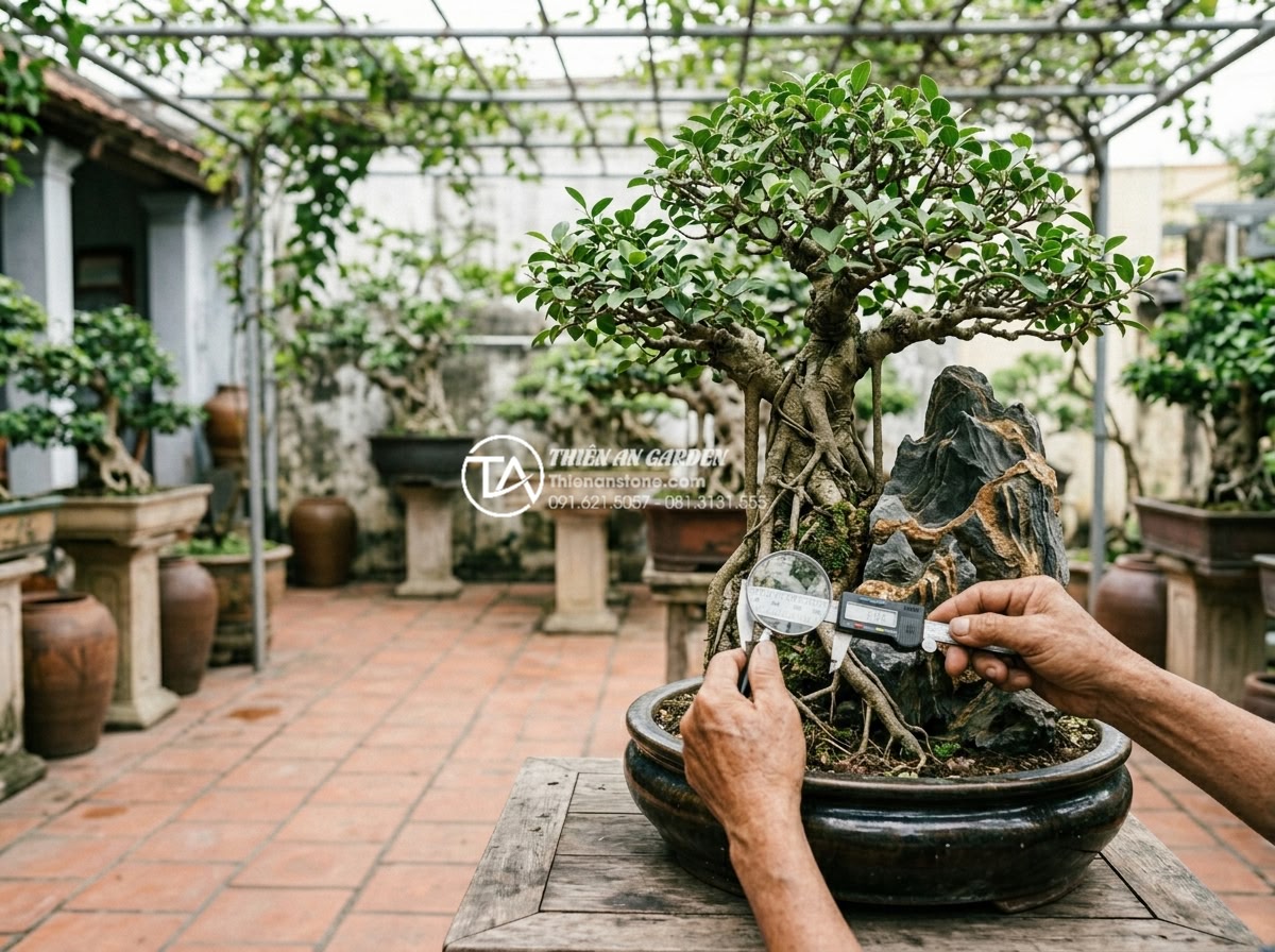 Cây sanh ôm đá cổ: Ý nghĩa biểu tượng và cách định giá chính xác - Hình 11 Cây sanh ôm đá cổ: Ý nghĩa biểu tượng và cách định giá chính xác - Expert bonsai appraiser using digital calipers and magnifying glass to evaluate