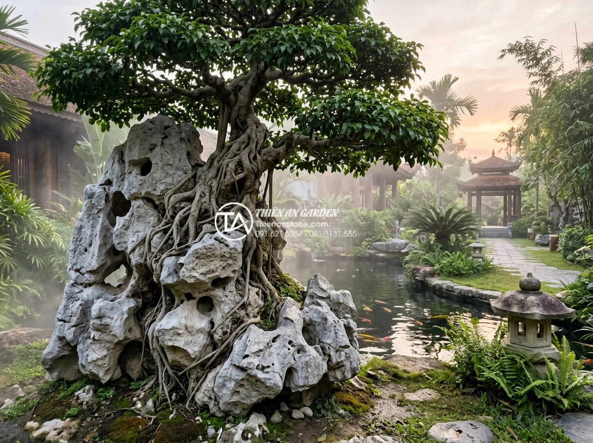 Cây sanh ôm đá cổ: Ý nghĩa biểu tượng và cách định giá chính xác - Hình 3 Cây sanh ôm đá cổ: Ý nghĩa biểu tượng và cách định giá chính xác - Artistic wide-angle view of a majestic ancient Ficus bonsai embracing a massive