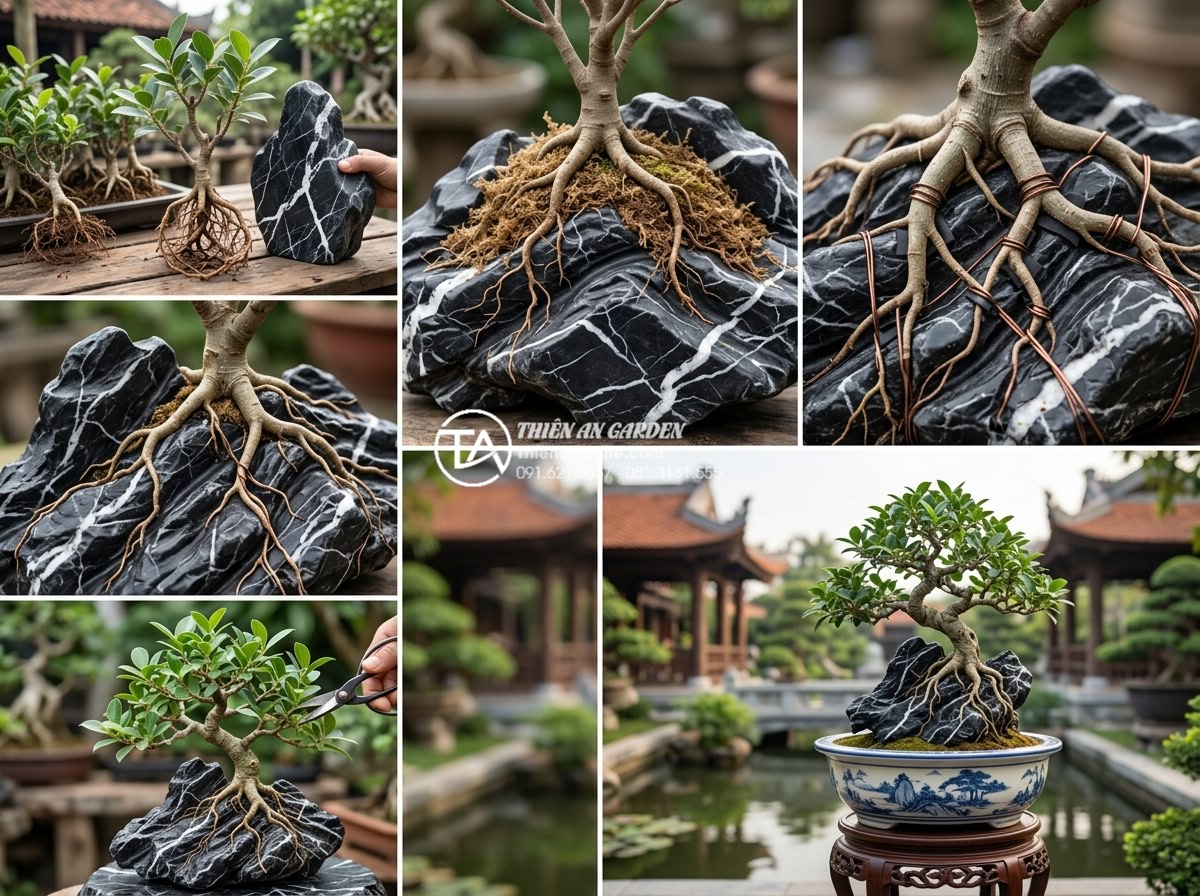 Cây sanh ôm đá cổ: Ý nghĩa biểu tượng và cách định giá chính xác - Hình 7 Cây sanh ôm đá cổ: Ý nghĩa biểu tượng và cách định giá chính xác - Step-by-step documentary style collage of Ficus bonsai stone embracing process: