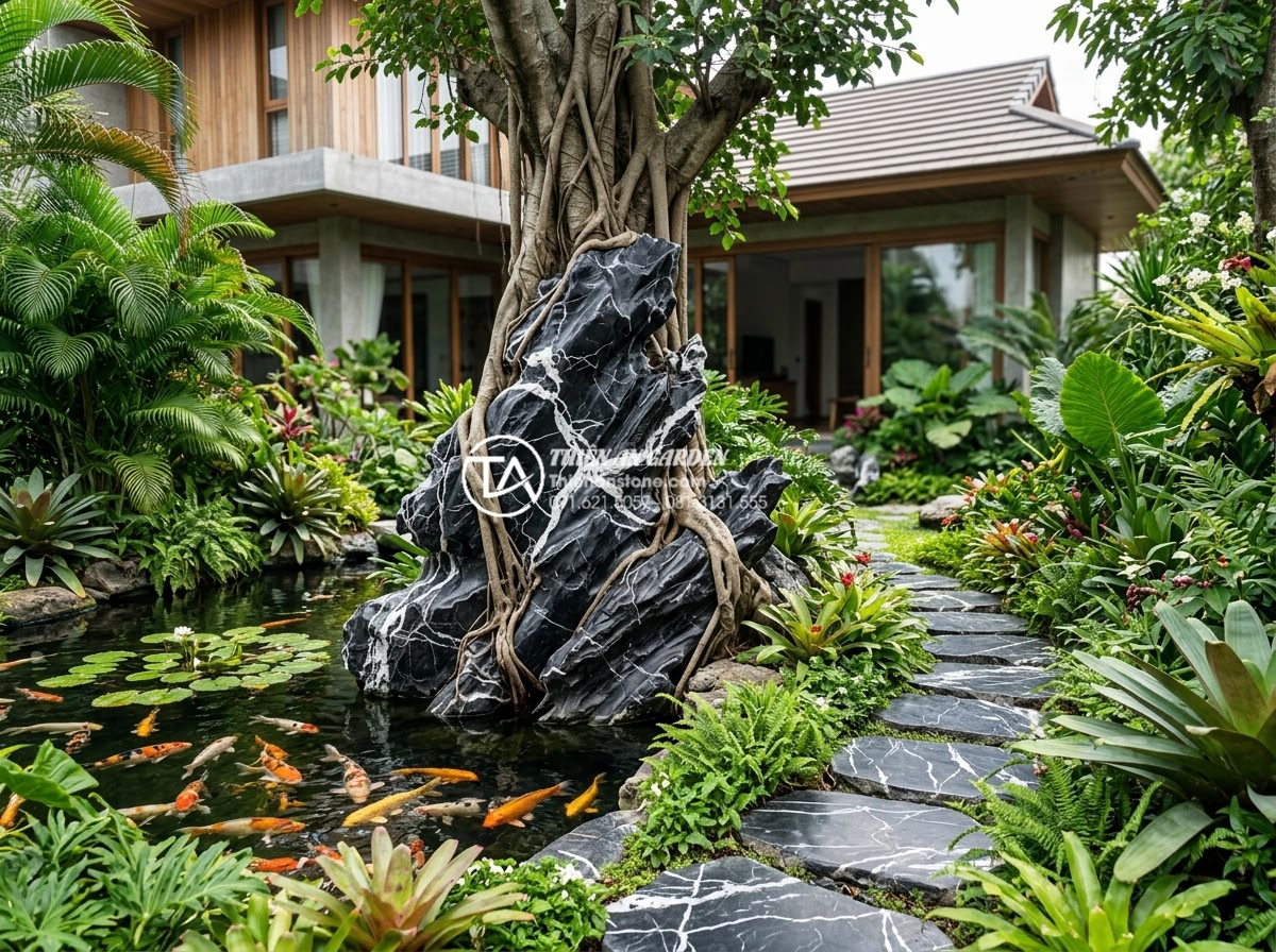 Cây sung ôm đá: Cách tạo dáng và ý nghĩa sung túc cho gia chủ - Hình 15 Cây sung ôm đá: Cách tạo dáng và ý nghĩa sung túc cho gia chủ - Complete garden landscape design featuring fig tree embracing stone as focal poi