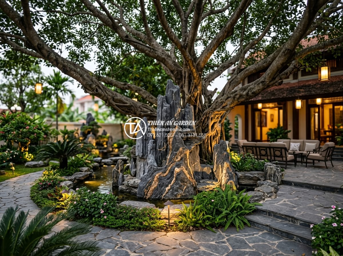Cây sung ôm đá: Cách tạo dáng và ý nghĩa sung túc cho gia chủ - Hình 5 Cây sung ôm đá: Cách tạo dáng và ý nghĩa sung túc cho gia chủ - Luxurious outdoor patio scene featuring a mature fig tree embracing stone center