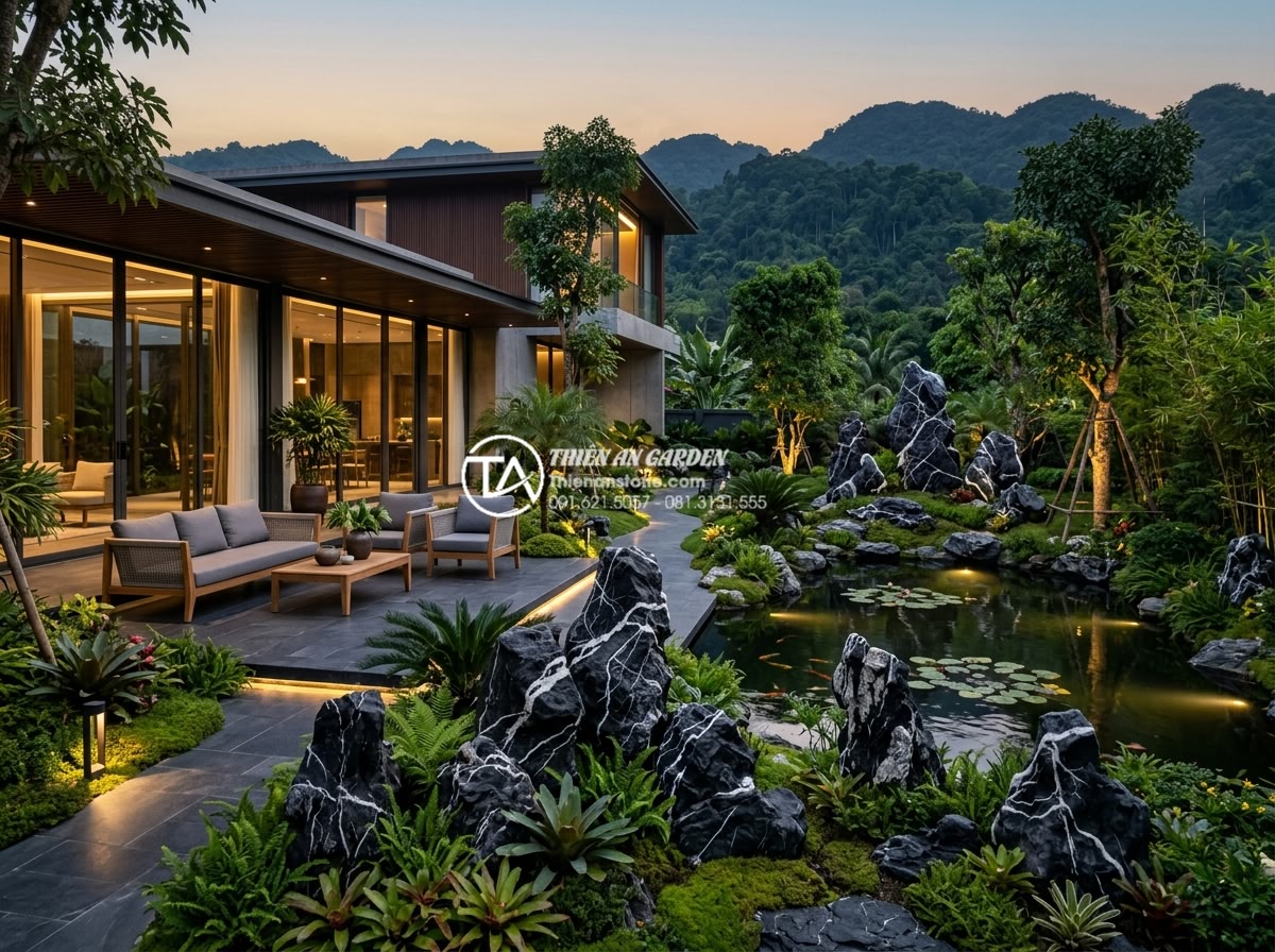 Cây tùng kim cương ôm đá: Đẳng cấp chơi cây cảnh cho giới thượng lưu - Hình 6 Cây tùng kim cương ôm đá: Đẳng cấp chơi cây cảnh cho giới thượng lưu - Photorealistic rendering of complete luxury garden project featuring multiple di