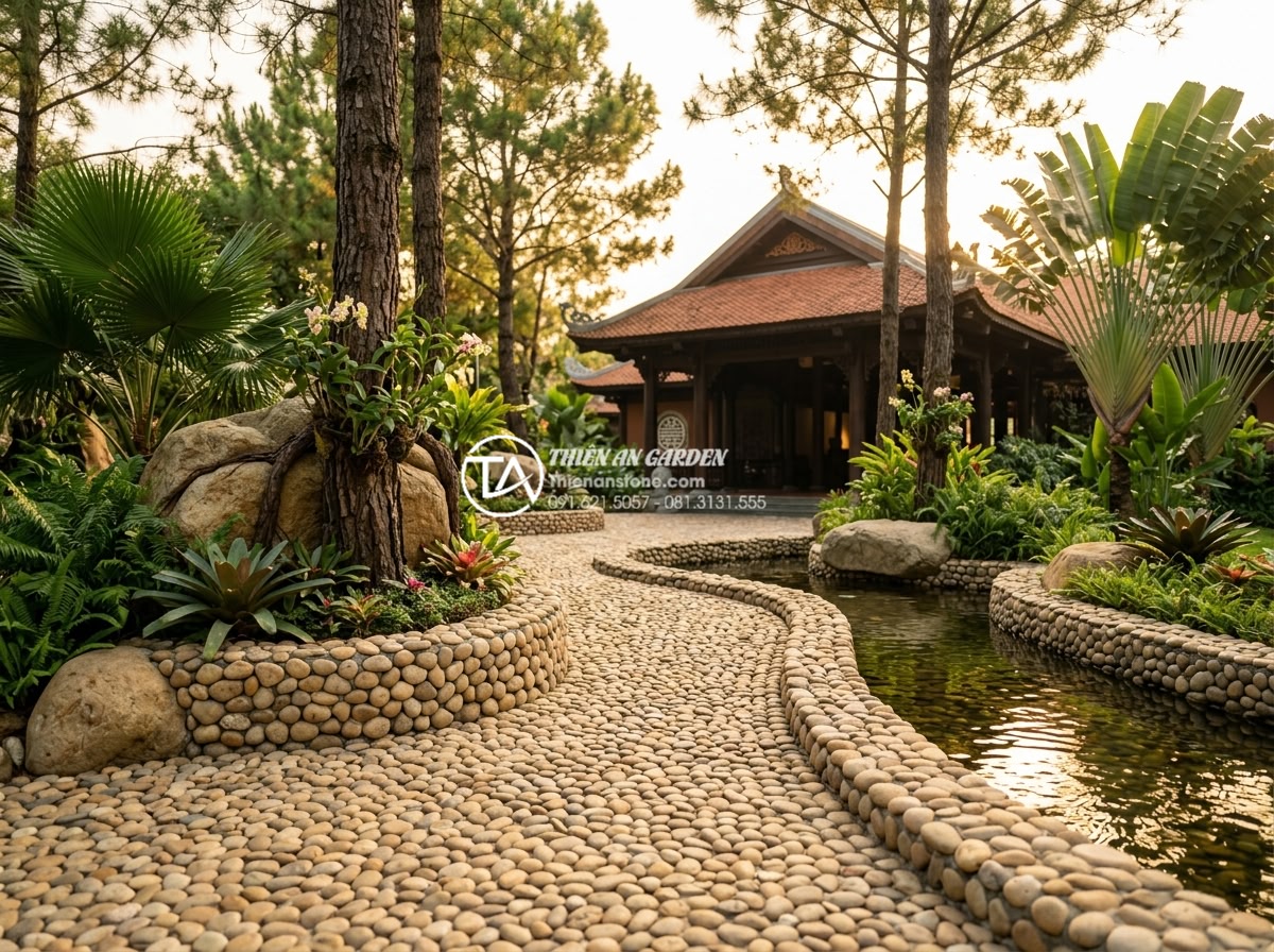Cây tùng kim cương ôm đá: Đẳng cấp chơi cây cảnh cho giới thượng lưu - Hình 7 Cây tùng kim cương ôm đá: Đẳng cấp chơi cây cảnh cho giới thượng lưu - Elegant photorealistic image of a high-end resort entrance with multiple pine tr
