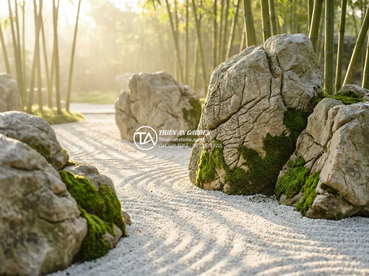 Checklist bảo trì tiểu cảnh thiền: Giữ cho không gian luôn thanh tịnh - A serene and meticulously maintained Zen garden at dawn, featuring perfectly rak
