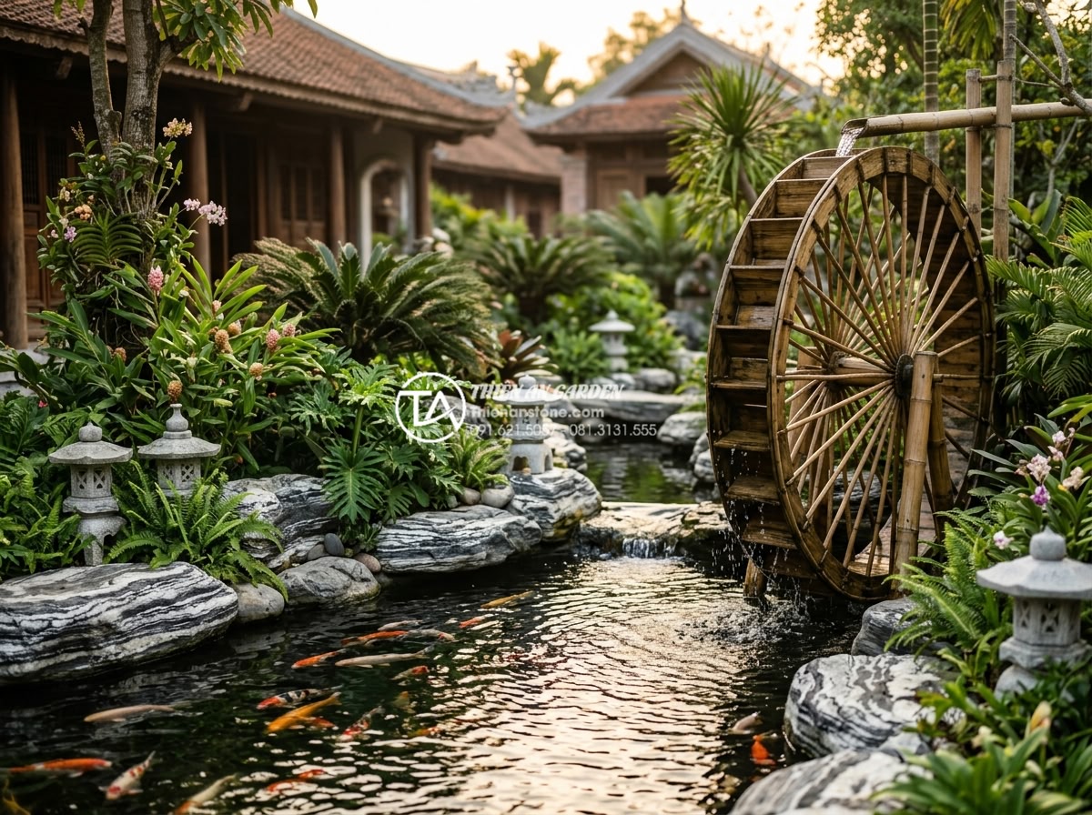 Checklist vật liệu cần chuẩn bị khi tự thi công tiểu cảnh guồng nước - Serene Vietnamese luxury villa garden with a large traditional bamboo water whee