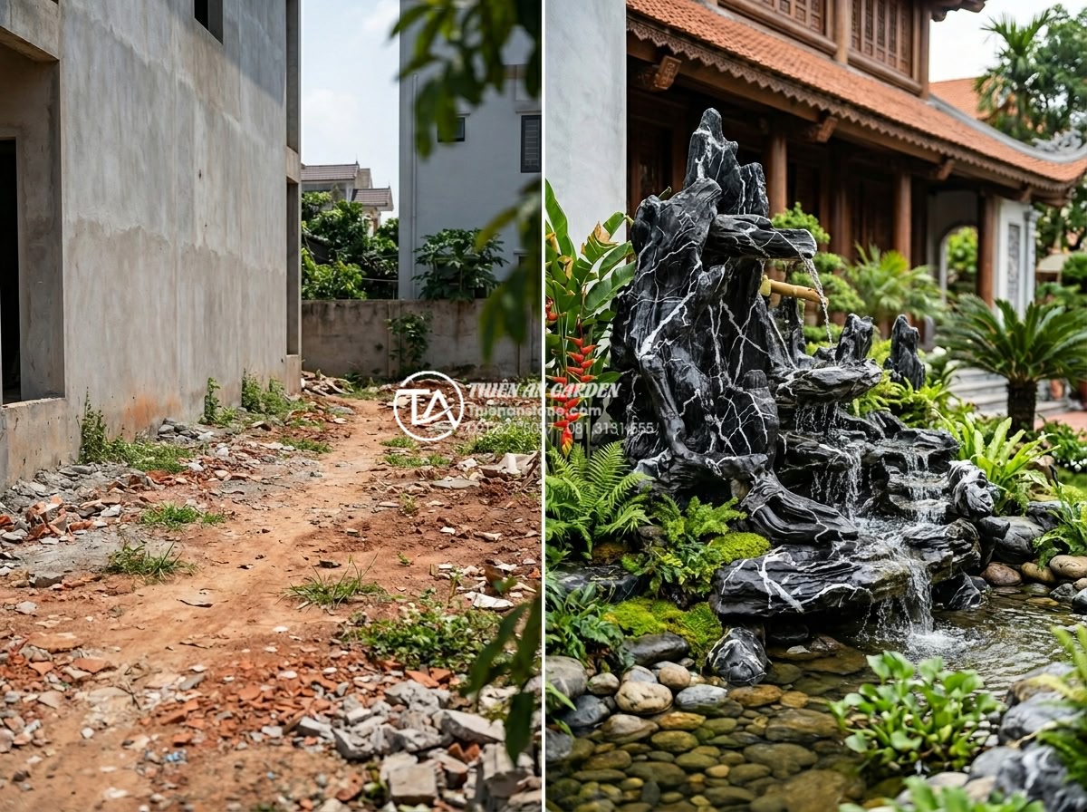 Checklist vật liệu cần chuẩn bị khi tự thi công tiểu cảnh guồng nước - Professional team from Thien An Stone consulting with happy customer in front of