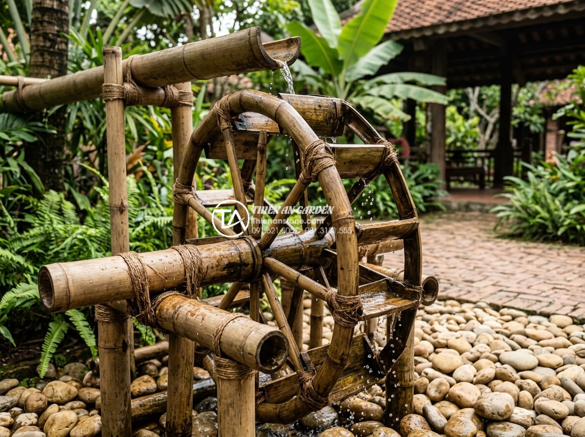 Checklist vật liệu cần chuẩn bị khi tự thi công tiểu cảnh guồng nước - Close-up of high-quality treated bamboo pipes and natural bamboo joints being as