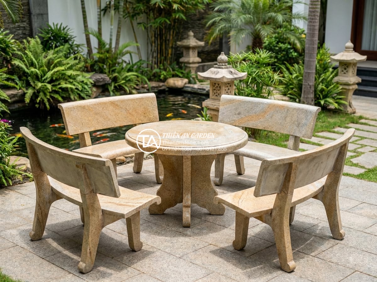 Có nên mua thanh lý bàn ghế đá tự nhiên? 5 lưu ý quan trọng để tránh mất tiền oan - Close-up realistic image of natural stone garden furniture set featuring a large