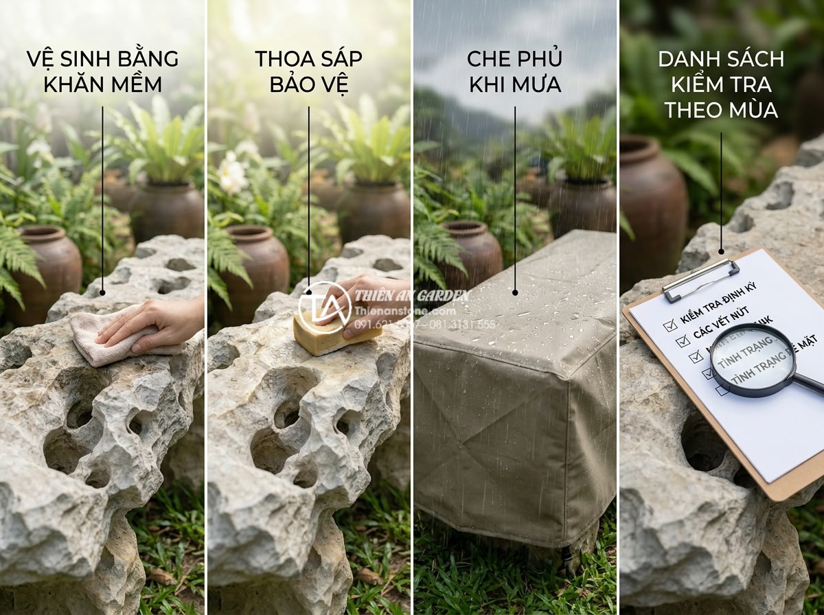 Có nên mua thanh lý bàn ghế đá tự nhiên? 5 lưu ý quan trọng để tránh mất tiền oan - Hình 10 Có nên mua thanh lý bàn ghế đá tự nhiên? 5 lưu ý quan trọng để tránh mất tiền oan - Step-by-step instructional image showing proper maintenance of natural stone gar