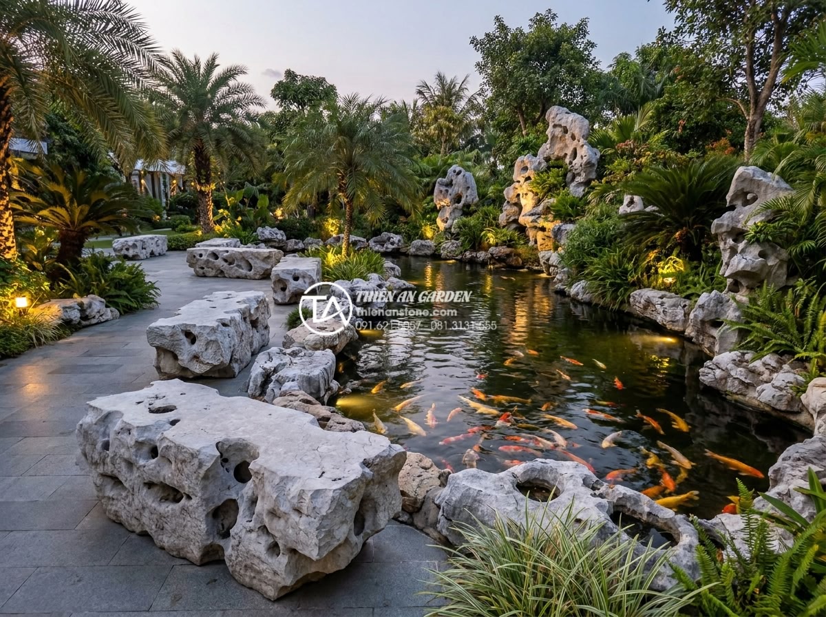 Ghế đá Granite nguyên khối: Sự lựa chọn số 1 cho độ bền vĩnh cửu - Hình 6 Ghế đá Granite nguyên khối: Sự lựa chọn số 1 cho độ bền vĩnh cửu - Realistic wide shot of a luxury resort garden featuring multiple monolithic gran