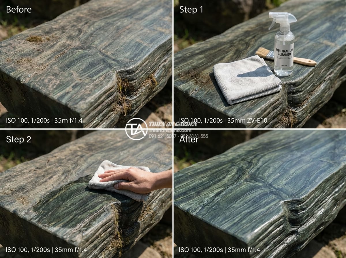 Ghế đá Granite nguyên khối: Sự lựa chọn số 1 cho độ bền vĩnh cửu - Hình 9 Ghế đá Granite nguyên khối: Sự lựa chọn số 1 cho độ bền vĩnh cửu - Step-by-step instructional photography showing proper cleaning technique for a m