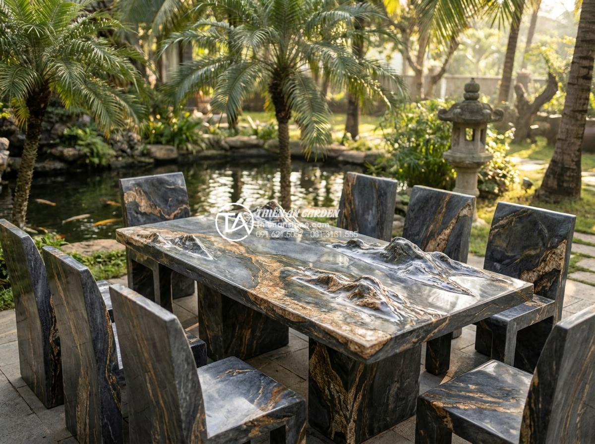Giá bộ bàn ghế đá hoa cương bao nhiêu tiền? Bảng giá chi tiết tại xưởng - Detailed view of premium Vietnamese granite stone dining set showing natural cry