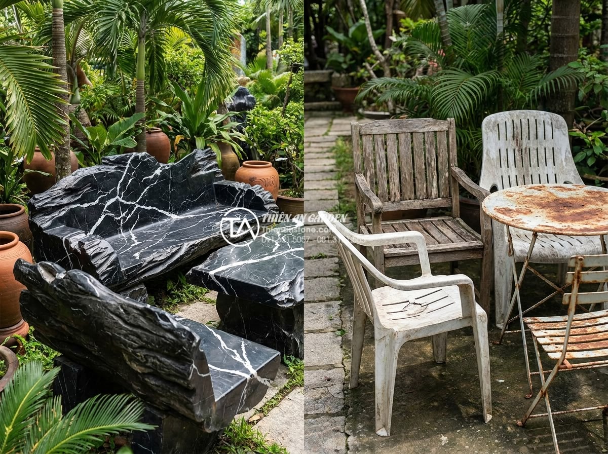 Giá bộ bàn ghế đá hoa cương bao nhiêu tiền? Bảng giá chi tiết tại xưởng - Hình 4 Giá bộ bàn ghế đá hoa cương bao nhiêu tiền? Bảng giá chi tiết tại xưởng - Side-by-side comparison image showing granite stone outdoor furniture next to wo