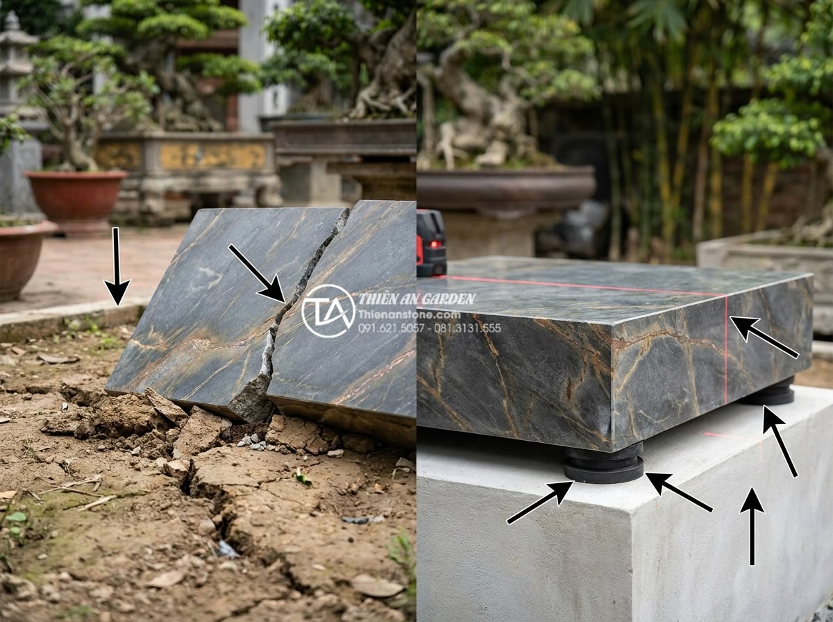 Giá bộ bàn ghế đá hoa cương bao nhiêu tiền? Bảng giá chi tiết tại xưởng - Hình 8 Giá bộ bàn ghế đá hoa cương bao nhiêu tiền? Bảng giá chi tiết tại xưởng - Educational split image showing common installation mistakes like uneven ground