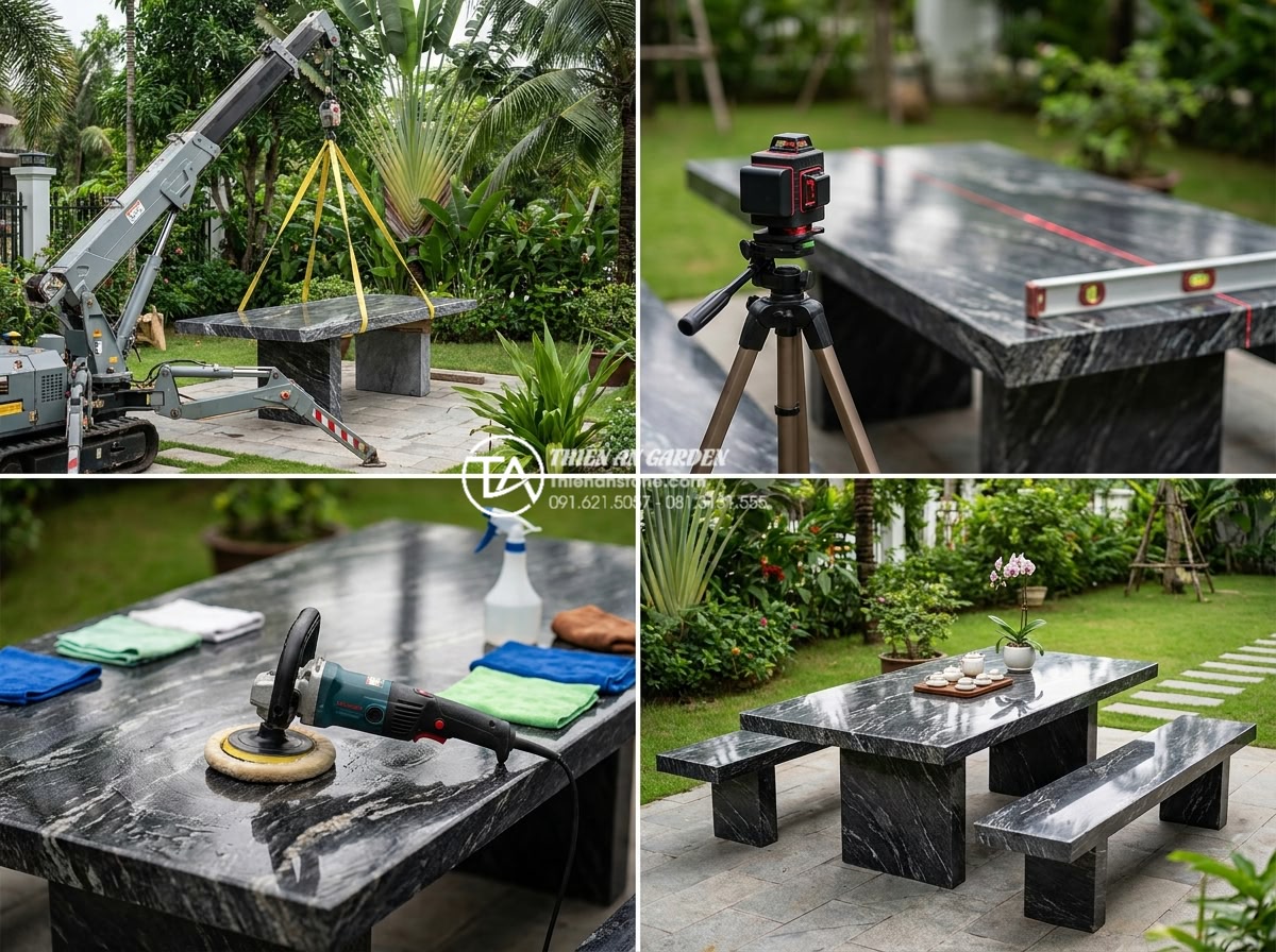 Giá bộ bàn ghế đá hoa cương bao nhiêu tiền? Bảng giá chi tiết tại xưởng - Hình 9 Giá bộ bàn ghế đá hoa cương bao nhiêu tiền? Bảng giá chi tiết tại xưởng - Team of professional technicians installing a large granite dining set in a beau