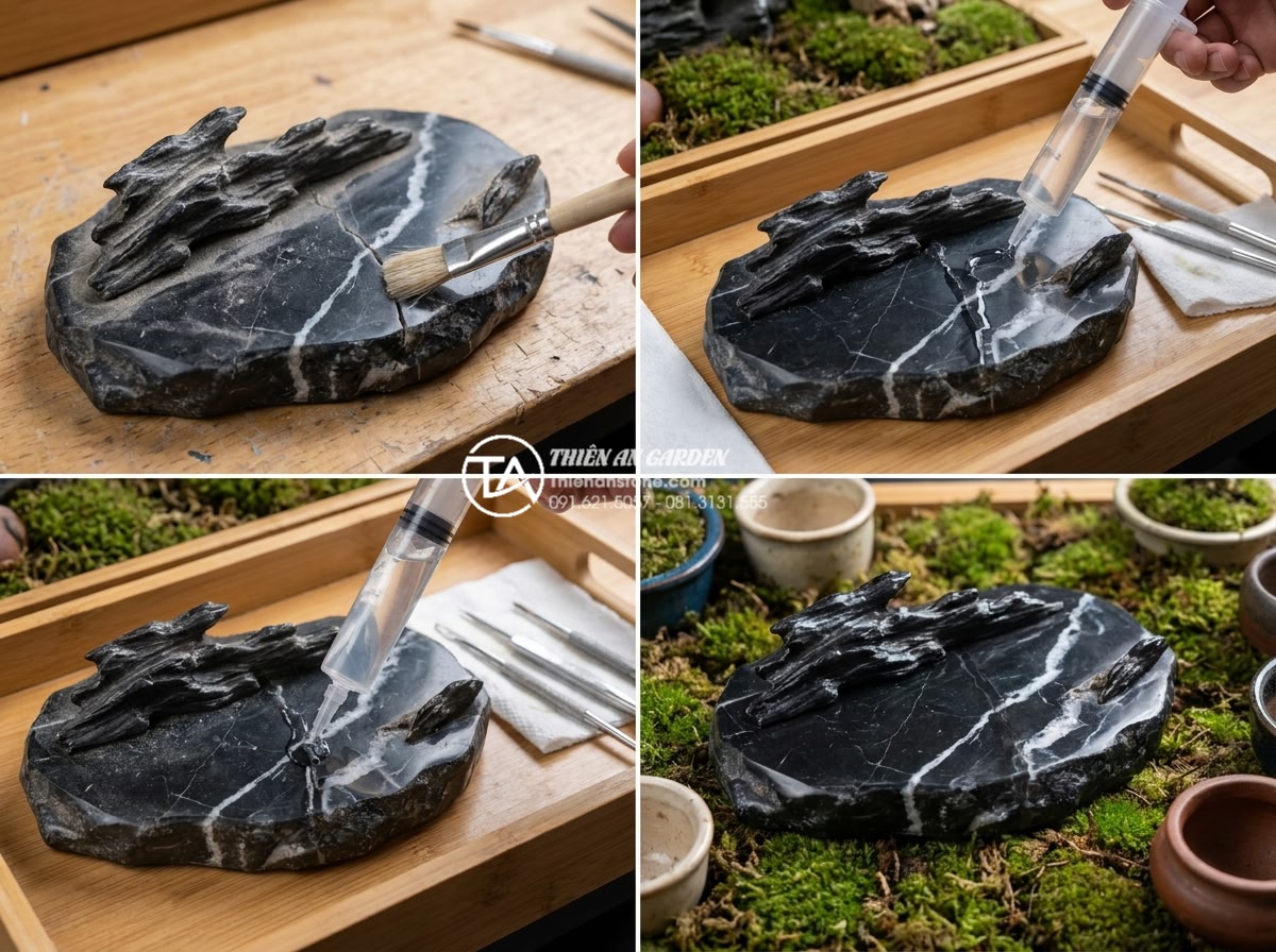 Giải đáp 10 câu hỏi thường gặp (FAQ) về bảo dưỡng tiểu cảnh đá mỹ nghệ - Repair process of cracked stone in miniature landscape: cleaning, applying epoxy