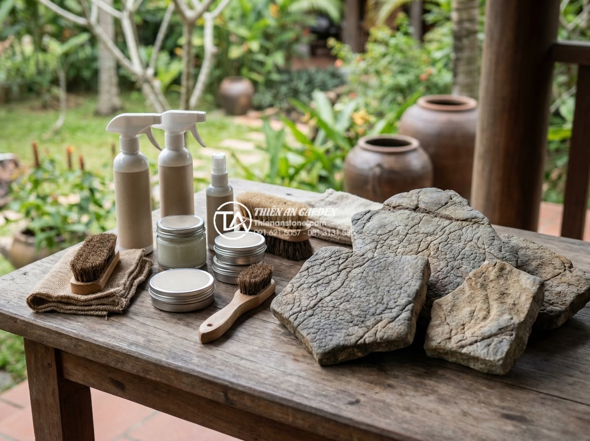 Giải đáp 10 câu hỏi thường gặp (FAQ) về bảo dưỡng tiểu cảnh đá mỹ nghệ - Assortment of professional stone maintenance products including sealants, cleane