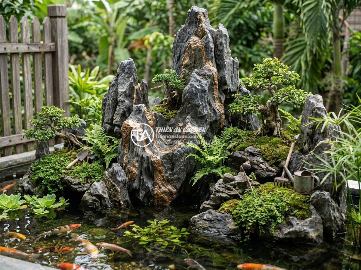 Giải đáp 10 câu hỏi thường gặp (FAQ) về bảo dưỡng tiểu cảnh đá mỹ nghệ - Integrated stone miniature landscape with non-bo, Koi pond, and garden elements 
