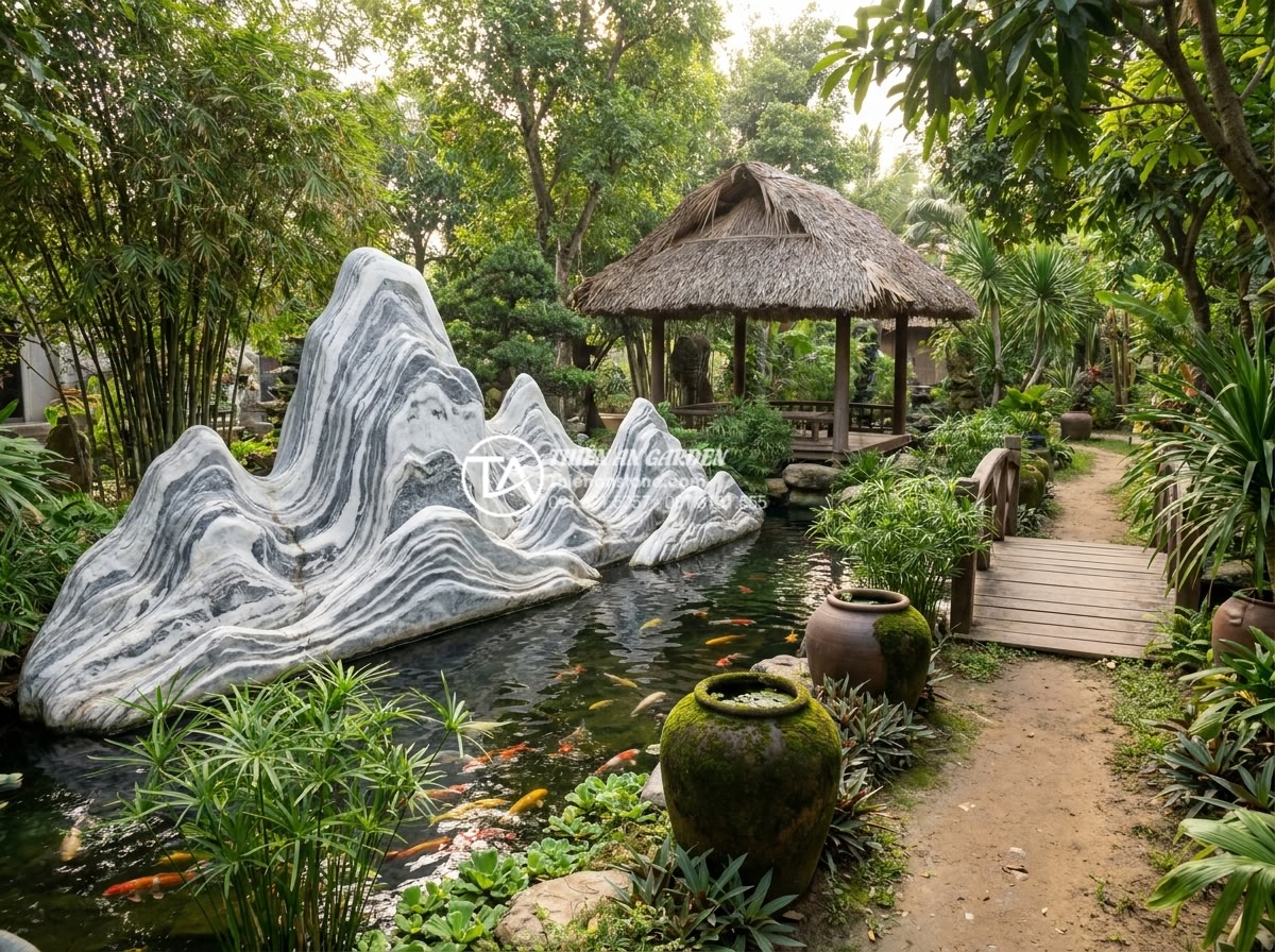 Giải đáp 10 câu hỏi thường gặp (FAQ) về bảo dưỡng tiểu cảnh đá mỹ nghệ - Harmonious stone art feature combined with Koi fish pond and traditional Vietnam