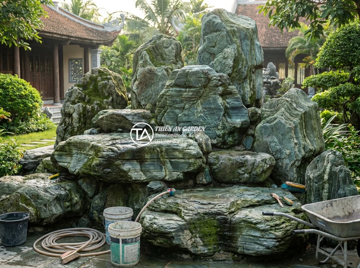 Giải đáp 10 câu hỏi thường gặp (FAQ) về bảo dưỡng tiểu cảnh đá mỹ nghệ - Professional team from stone company maintaining large scale artistic rockery in