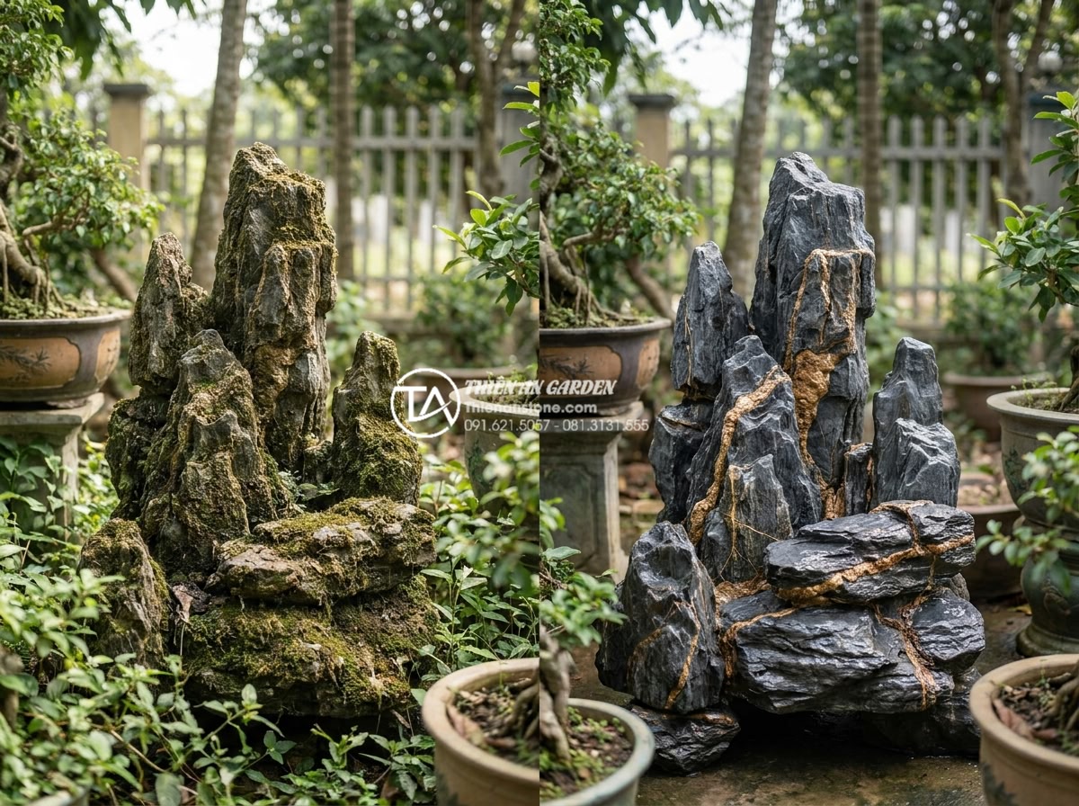 Giải đáp 10 câu hỏi thường gặp (FAQ) về bảo dưỡng tiểu cảnh đá mỹ nghệ - Realistic photograph of a neglected stone miniature landscape before maintenance