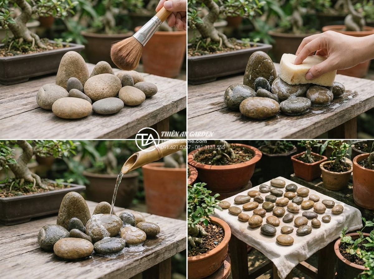 Giải đáp 10 câu hỏi thường gặp (FAQ) về bảo dưỡng tiểu cảnh đá mỹ nghệ - Step-by-step realistic photo sequence of cleaning stone miniature landscape: bru