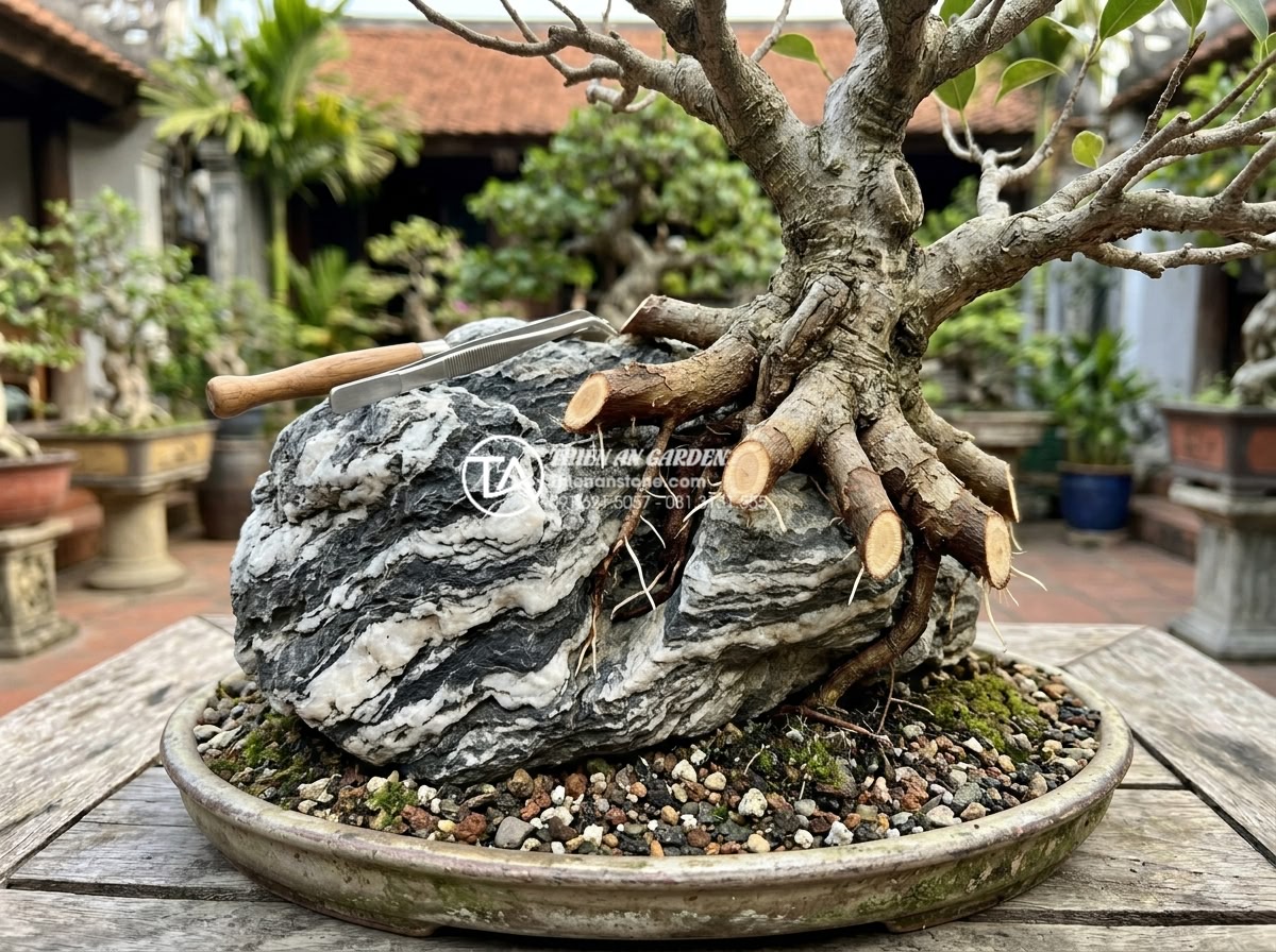 Hướng dẫn chăm sóc rễ cây ôm đá: Bí quyết để bộ rễ khỏe, bám sâu - Hình 7 Hướng dẫn chăm sóc rễ cây ôm đá: Bí quyết để bộ rễ khỏe, bám sâu - Professional technique demonstration: careful root pruning and repositioning of